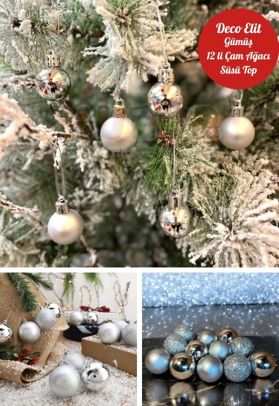 Tcx 12’li Yılbaşı Çam Ağacı Süsü Gümüş – 4 Cm Parlak & Simli Karışık Top Süsler Noel Çam Ağacı Süsü