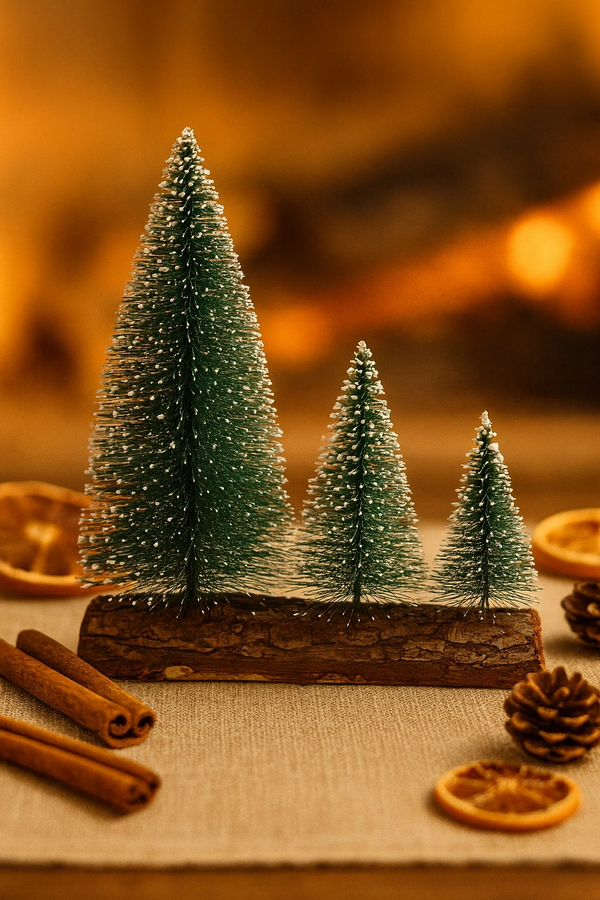 Tcx 3’lü Mini Kar Efektli Yılbaşı Noel Ağaç Seti – Ahşap Kütük Üzeri Dekoratif Mini Çam Ağaçları
