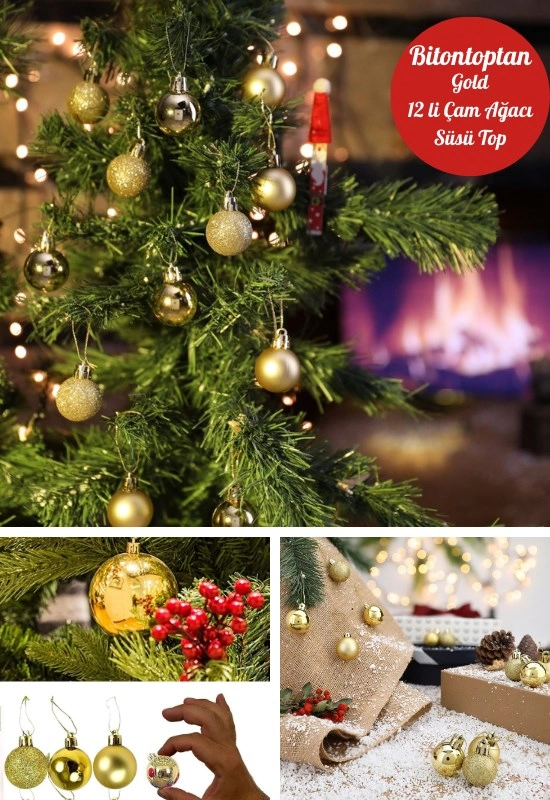 Tcx 12 Adet Gold 2,5 Cm Mini Yılbaşı Topu, Noel Çam Ağacı Topu, Süs Topu