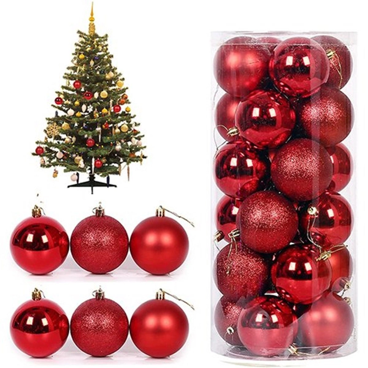 Tcx 12 Adet Parlak Kırmızı 3 Cm Mini Yılbaşı Topu, Noel Çam Ağacı Topu, Süs Topu