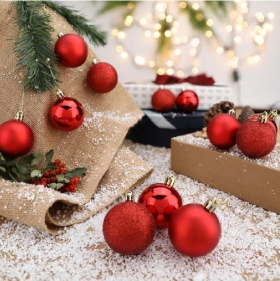 Tcx 12 Adet Parlak Kırmızı 3 Cm Mini Yılbaşı Topu, Noel Çam Ağacı Topu, Süs Topu
