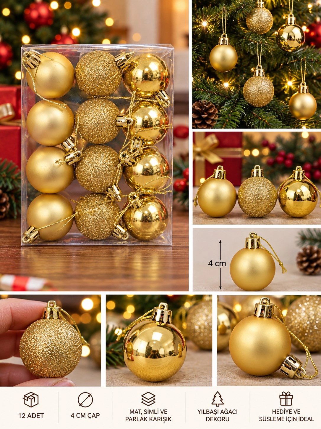 Tcx 12'li Set 4 Cm Gold Yılbaşı Ağacı Süsü – Mat, Simli Ve Parlak Karışık Çam Ağacı Topu Noel Süsü