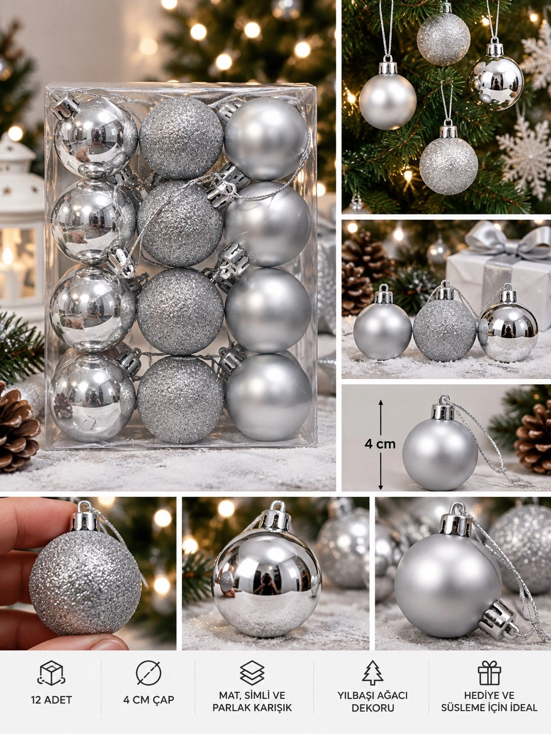 Tcx 12'li Set 4 Cm Gümüş Yılbaşı Ağacı Süsü – Mat, Simli Ve Parlak Karışık Çam Ağacı Topu Noel Süsü