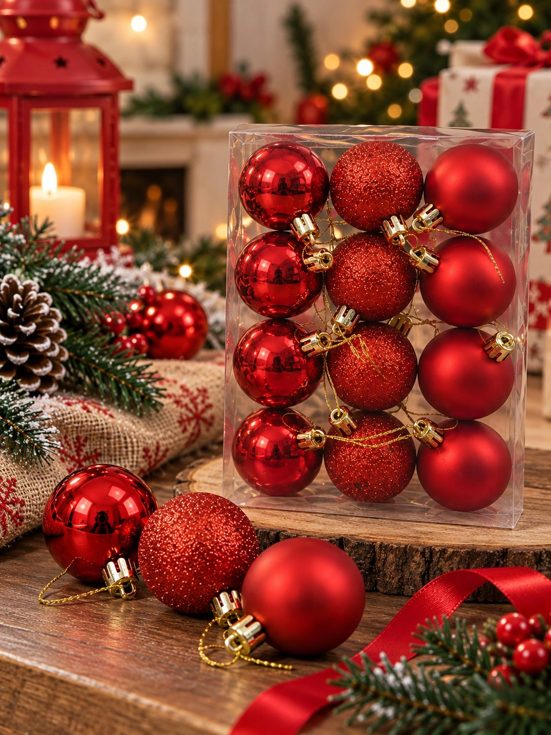 Tcx 12'li Set 4 Cm Kırımızı Yılbaşı Ağacı Süsü – Mat, Simli Ve Parlak Karışık Çam Ağacı Topu Noel Süsü