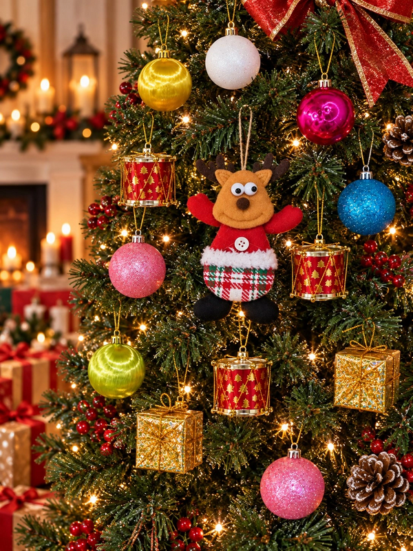 Tcx 15 Parça Yılbaşı Ağacı Süs Seti Renkli Top Davul Hediye Paketi Noel Baba Kardan Adam Geyik Peluş