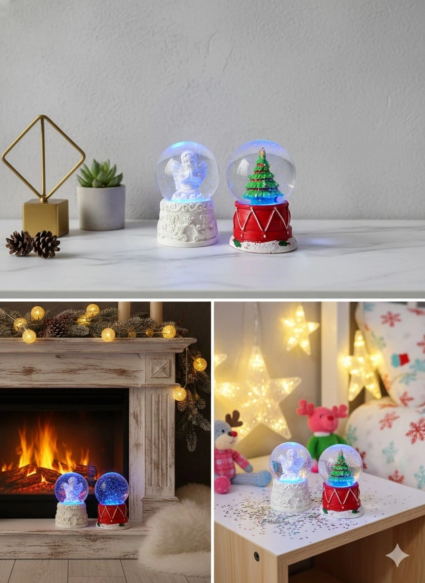 Tcx 2 Adet Mini Kar Küresi 6,5 Cm – Melek  & Çam Ağacı Temalı Dekoratif  Yılbaşı Noel Hediyesi