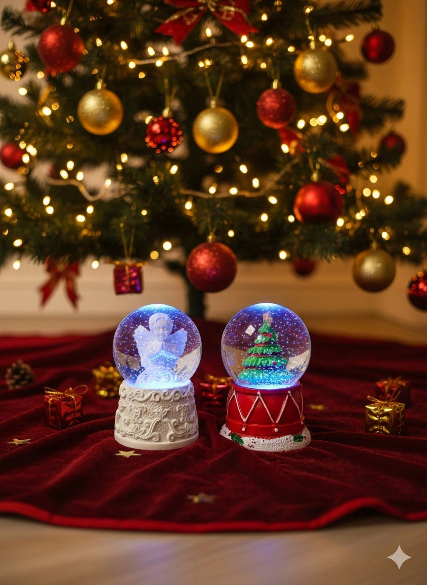 Tcx 2 Adet Mini Kar Küresi 6,5 Cm – Melek  & Çam Ağacı Temalı Dekoratif  Yılbaşı Noel Hediyesi