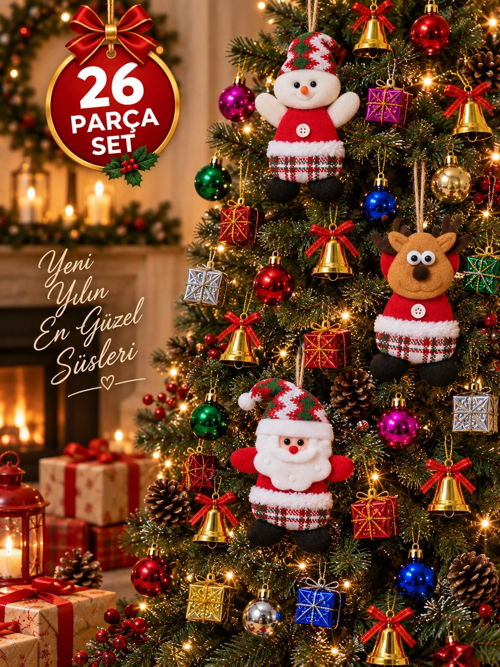 Tcx 26 Parça Yılbaşı Ağacı Süs Seti Noel Baba Kardan Adam Geyik Top Çan Hediye Paketi Dekorasyon