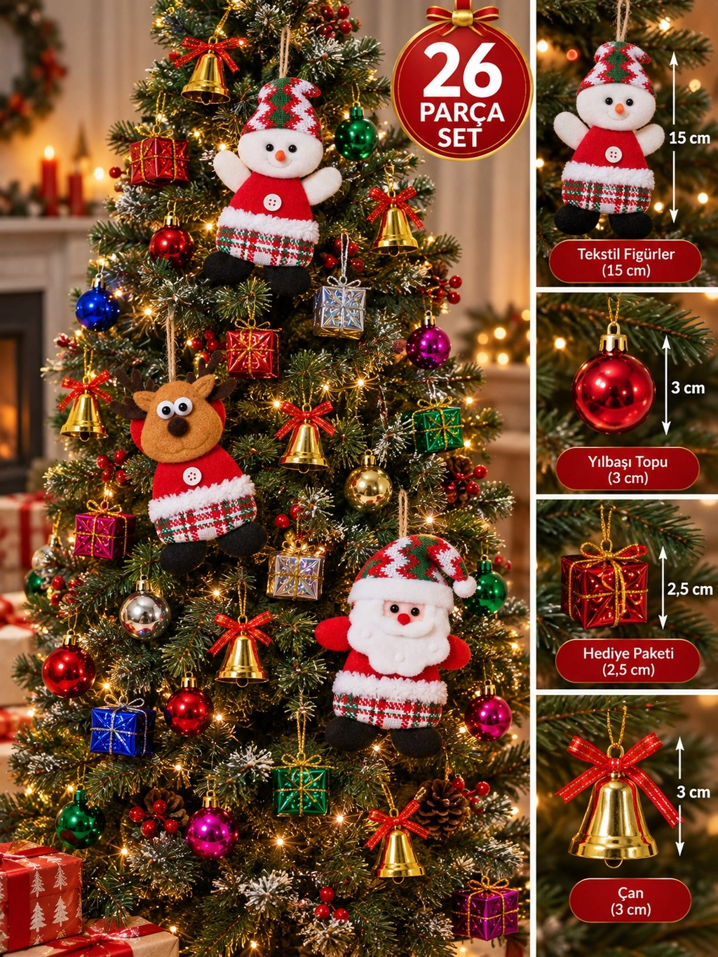 Tcx 26 Parça Yılbaşı Ağacı Süs Seti Noel Baba Kardan Adam Geyik Top Çan Hediye Paketi Dekorasyon
