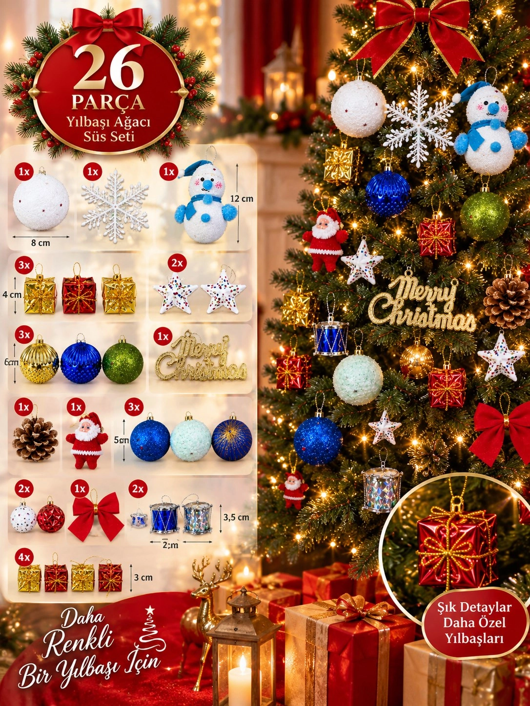 Tcx 26 Parça Yılbaşı Ağacı Süsleme Seti Noel Dekoru Çam Ağacı Süsü Karışık Renkli Yılbaşı Süsleri