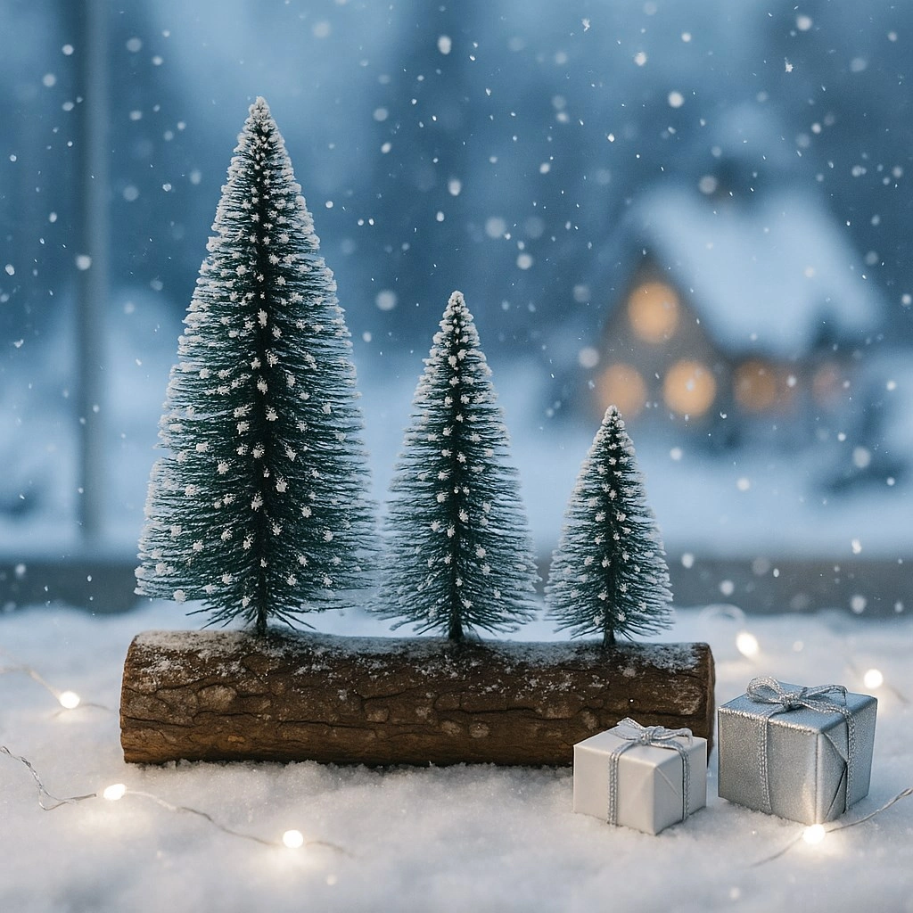 Tcx 3’lü Mini Kar Efektli Yılbaşı Noel Ağaç Seti – Ahşap Kütük Üzeri Dekoratif Mini Çam Ağaçları