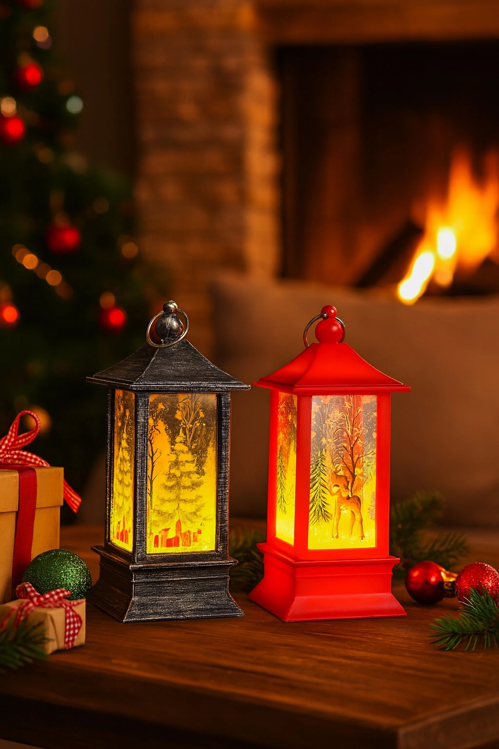 Tcx Led Işıklı Noel Feneri 2’li Set – Çam Ağacı & Bambi Temalı Dekoratif Yılbaşı Lambası 14 Cm