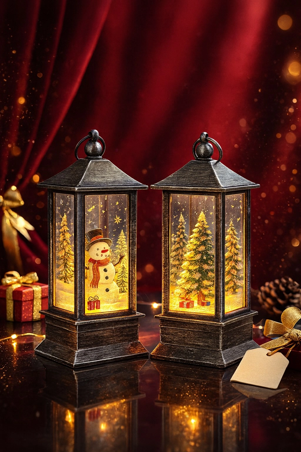 Tcx Led Işıklı Noel Feneri 2’li Set – Kardan Adam  & Çam Ağacı Temalı Dekoratif Yılbaşı Lambası 14 Cm