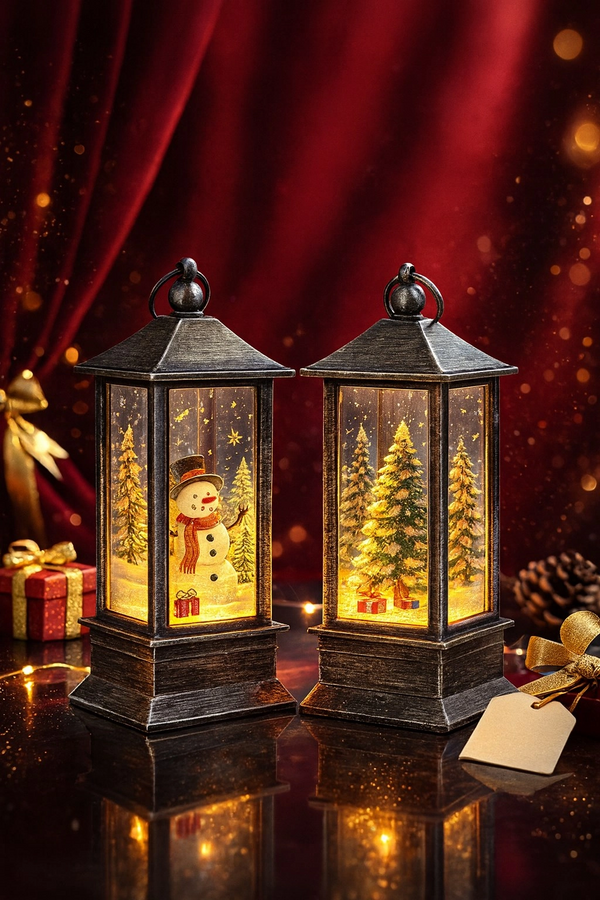 Tcx Led Işıklı Noel Feneri 2’li Set – Kardan Adam  & Çam Ağacı Temalı Dekoratif Yılbaşı Lambası 14 Cm