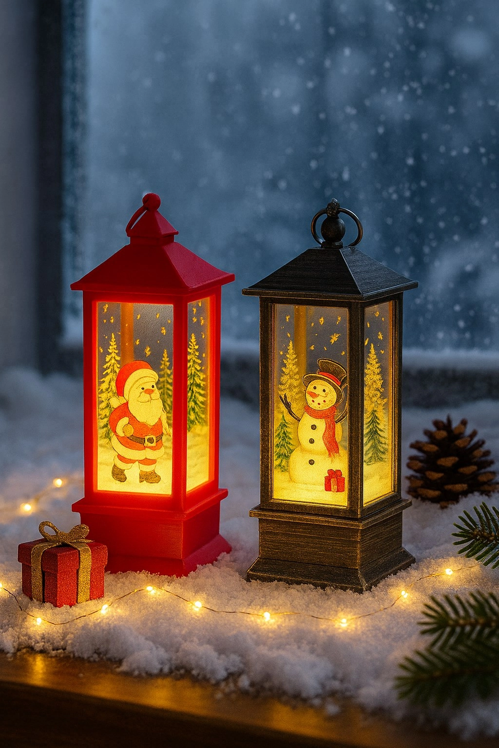 Tcx Led Işıklı Noel Feneri 2’li Set – Noel Baba & Kardan Adam Temalı Dekoratif Yılbaşı Lambası 14 Cm