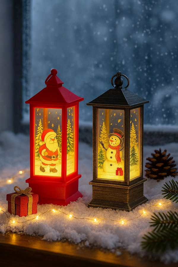 Tcx Led Işıklı Noel Feneri 2’li Set – Noel Baba & Kardan Adam Temalı Dekoratif Yılbaşı Lambası 14 Cm