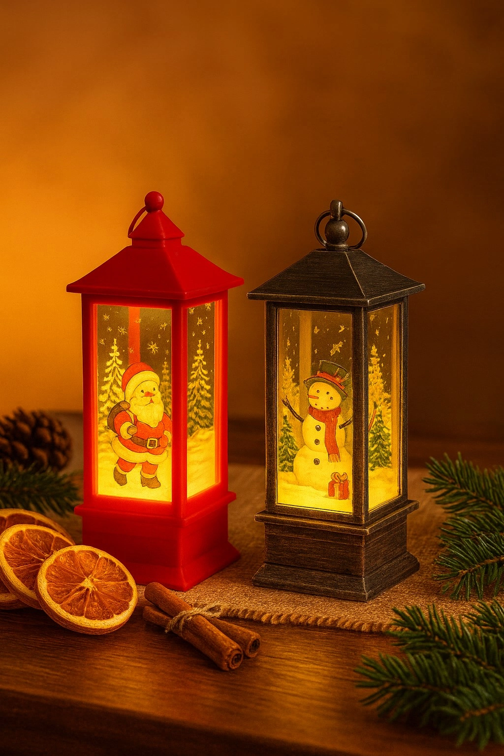 Tcx Led Işıklı Noel Feneri 2’li Set – Noel Baba & Kardan Adam Temalı Dekoratif Yılbaşı Lambası 14 Cm